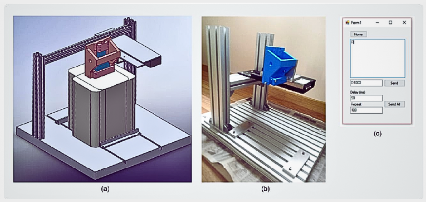Custom motorized probe assembly: CAD design, physical build, and custom motion-control UI used for sub-pixel position tracking and 3D PSF characterization.